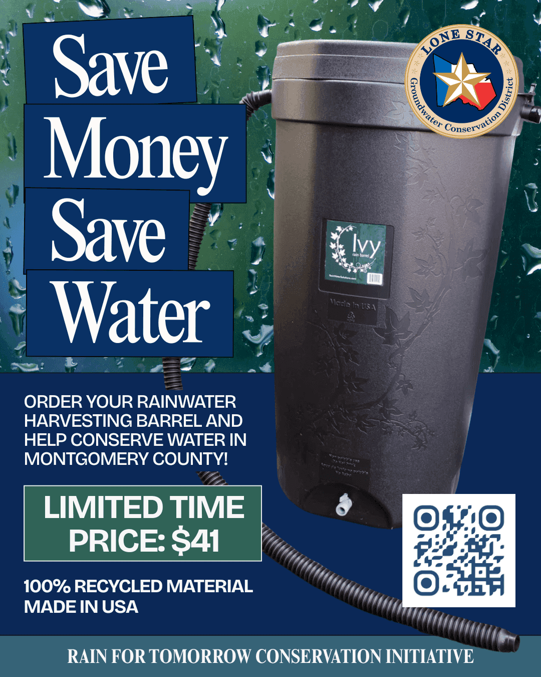 Save Money, Save Water. Order your rainwater harvesting barrel and help conserve water in Montgomery County! Limited Time Price: $41. 100% Recycled Material, Made in USA. Rain for Tomorrow Conservation Initiative